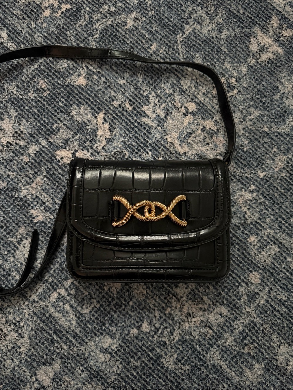 Zara Black Croc-Embossed Crossbody with Gold Twist Accent